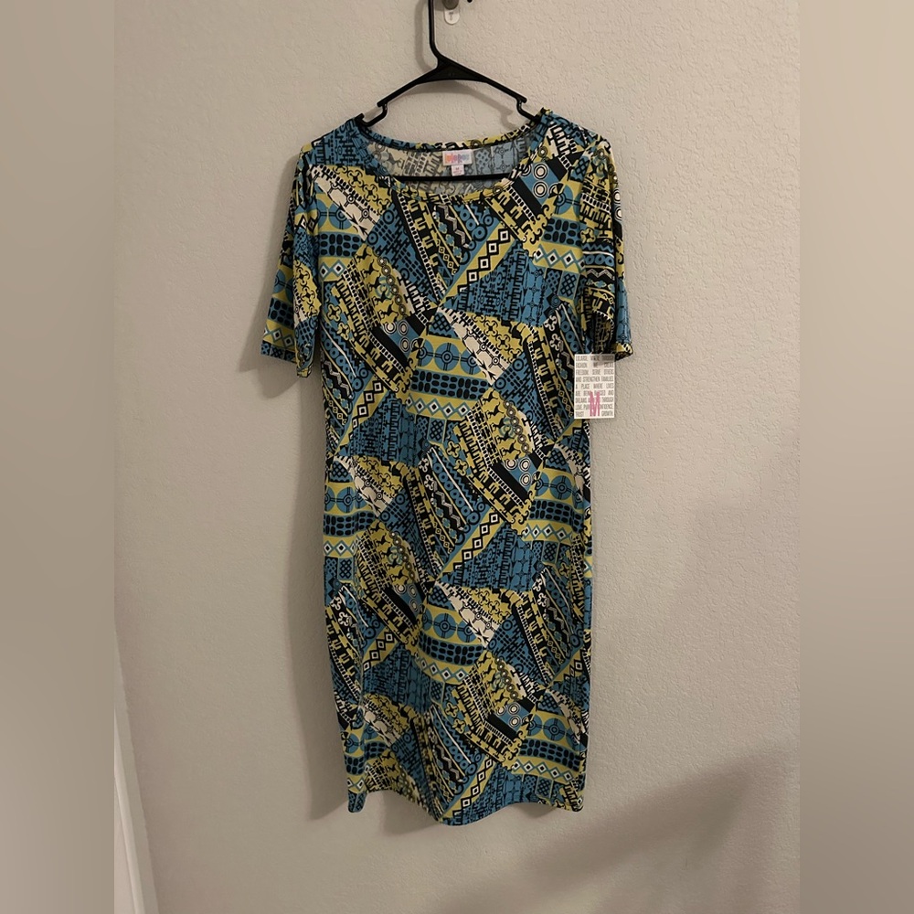 NWT LuLaRoe Blue and Yellow Geometric Midi Dress